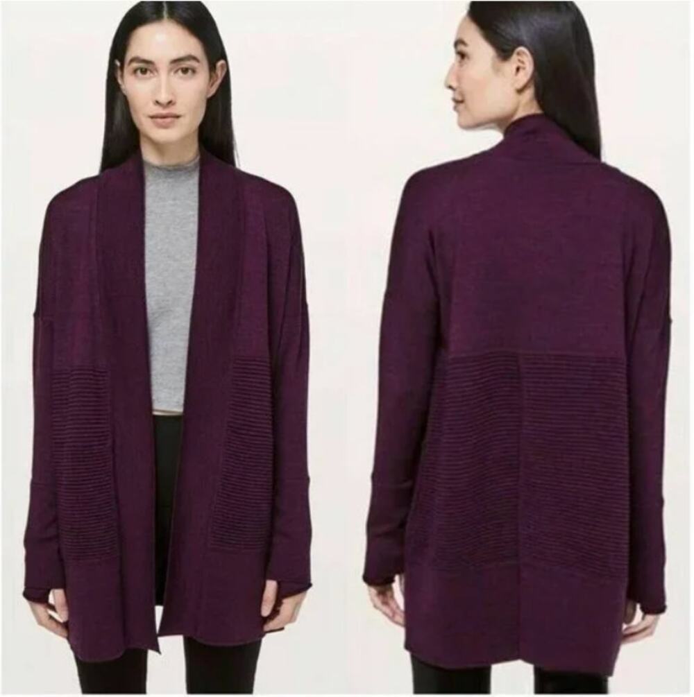 Lululemon Sit in Lotus Heathered Plum Cardigan Wrap Sweater Burgundy Wool 4